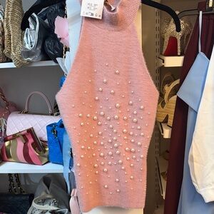 Zara Pink Sleeveless Sweater with Pearl Embellishments